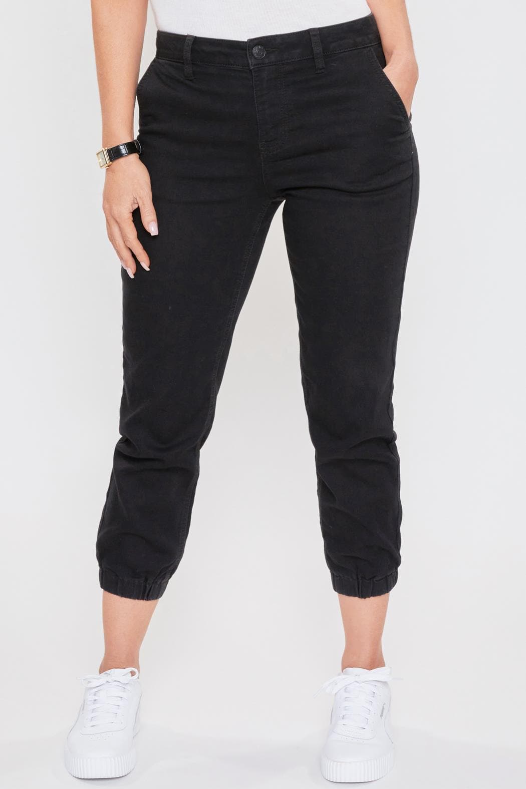 Women's Petite Mid Rise Joggers With Elastic Hem