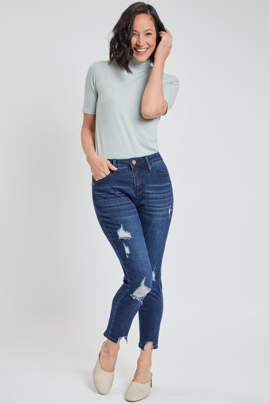 Women's High Rise Ankle Jean with Destructed Hem