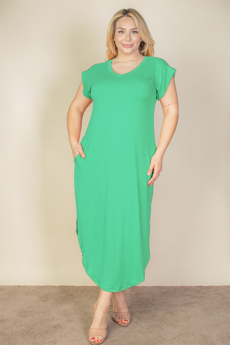 Plus Size Hidden Pocket Batwing Sleeve V Neck Long Dress (CAPELLA)
