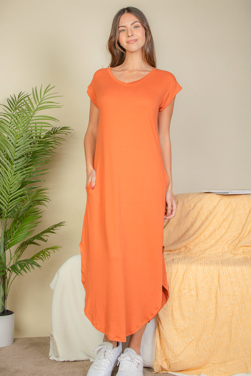 Hidden Pocket Batwing Sleeve V Neck Long Dress (CAPELLA)