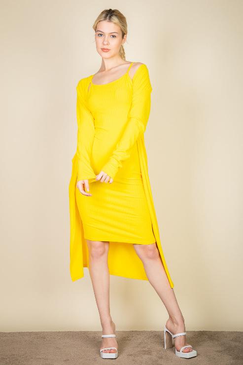 Ribbed Cardigan & Cami Midi Bodycon Dress (CAPELLA)