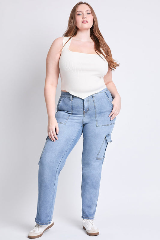 Women's Plus High Rise Elastic Waist Cargo Straight  Jeans