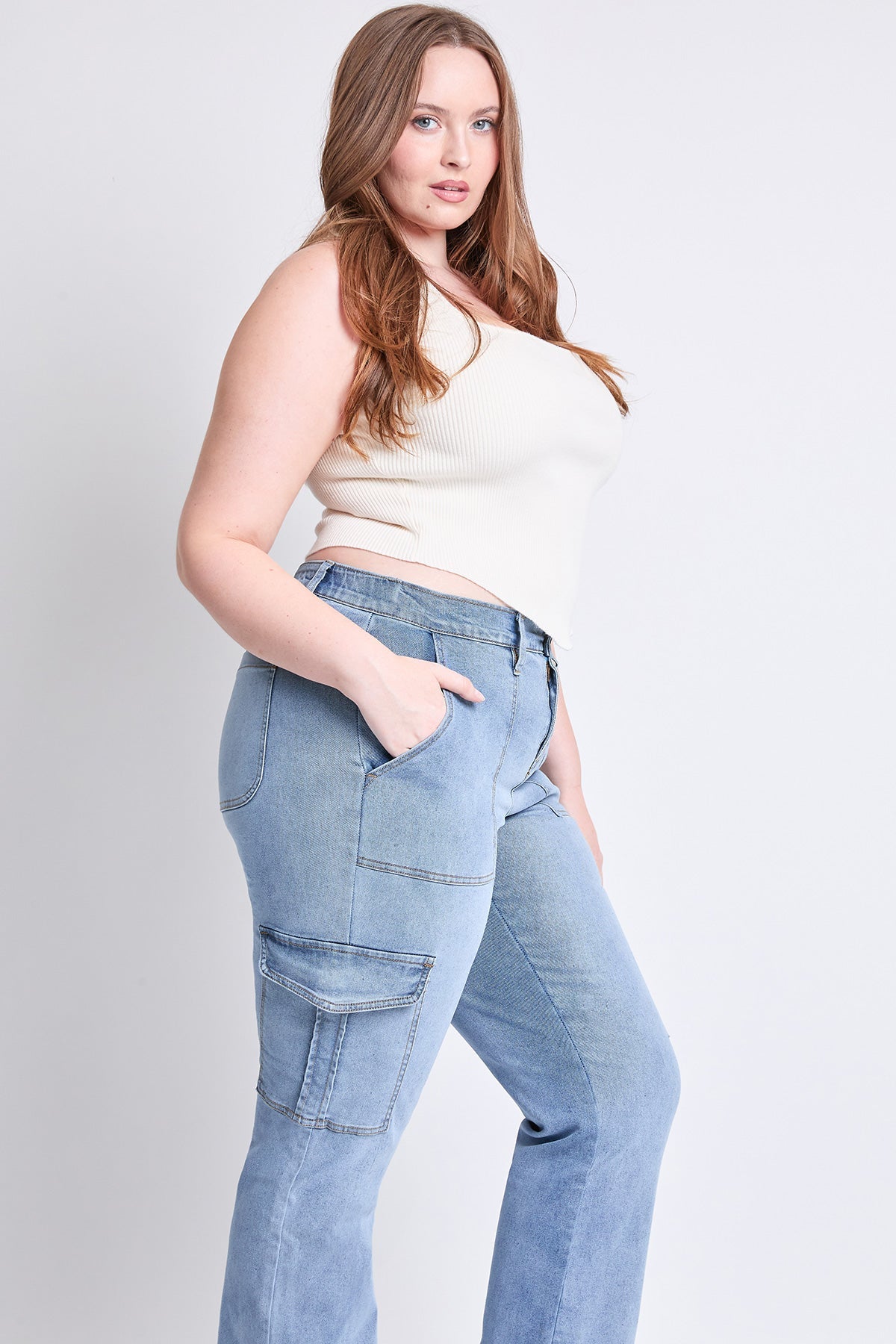 Women's Plus High Rise Elastic Waist Cargo Straight  Jeans