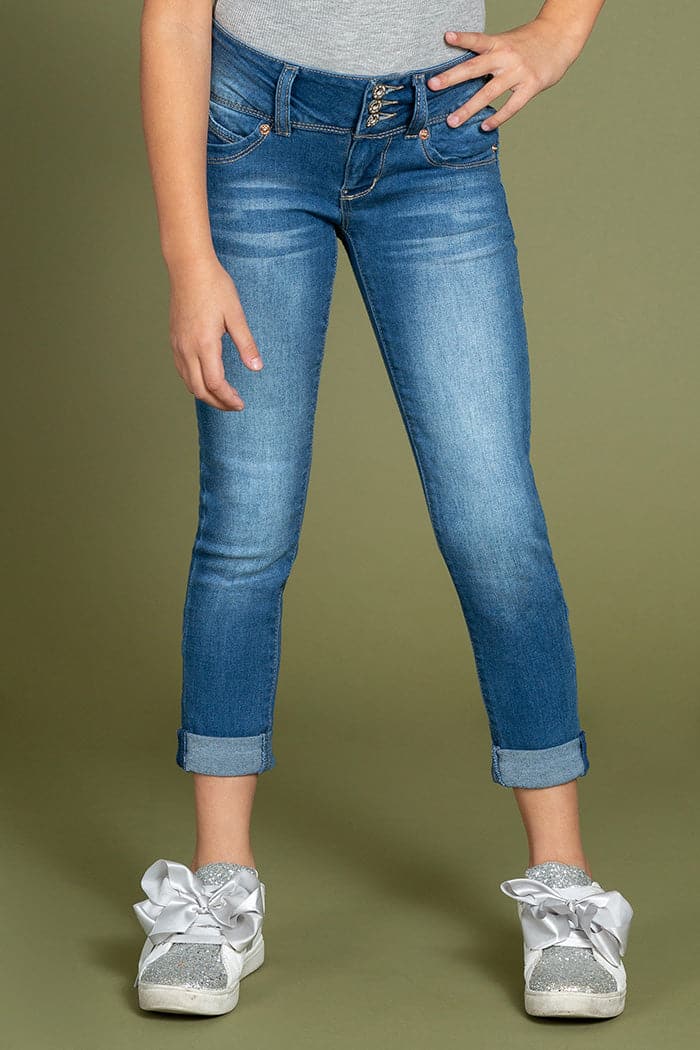 Girls WannaBettaFit 3-Button Roll Cuffed Distressed Skinny Jeans