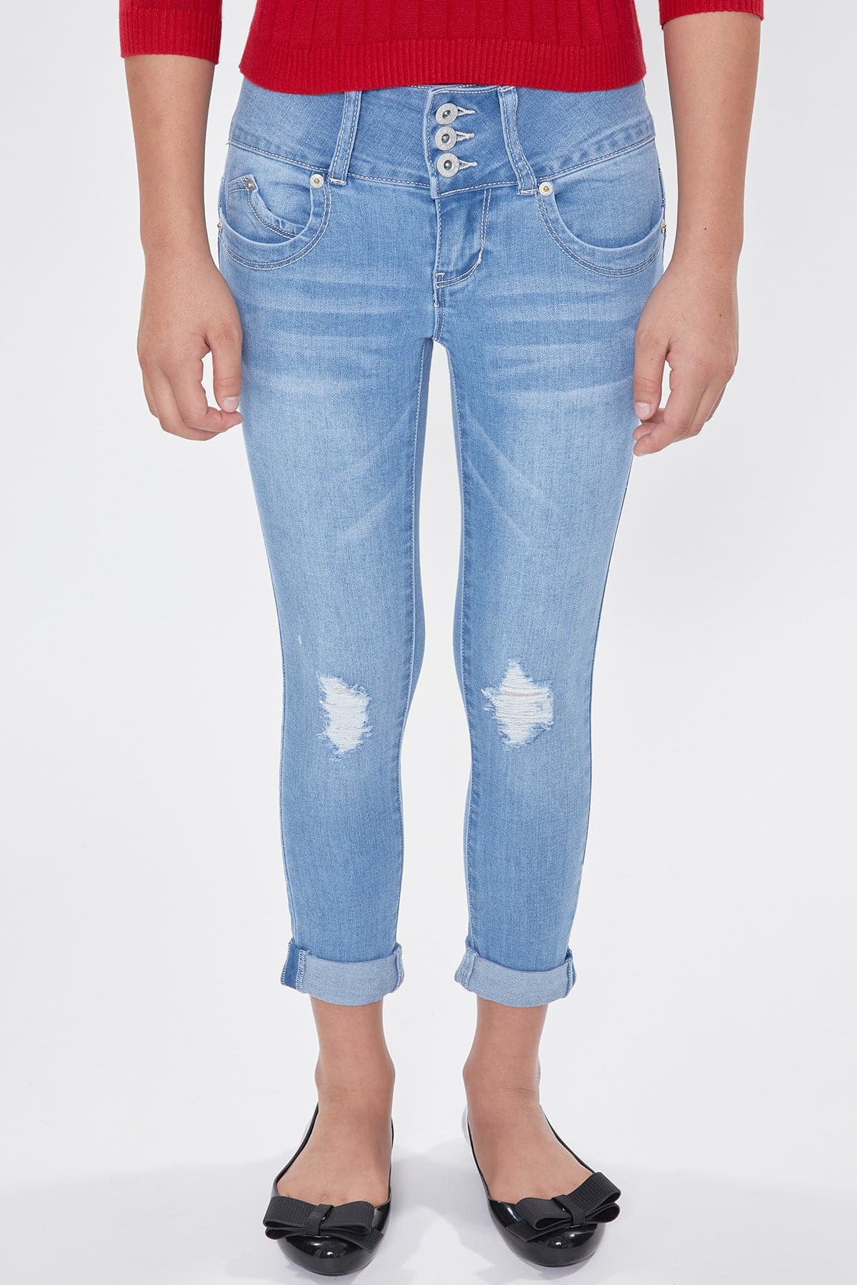Girls WannaBettaFit 3-Button Roll Cuffed Distressed Skinny Jeans