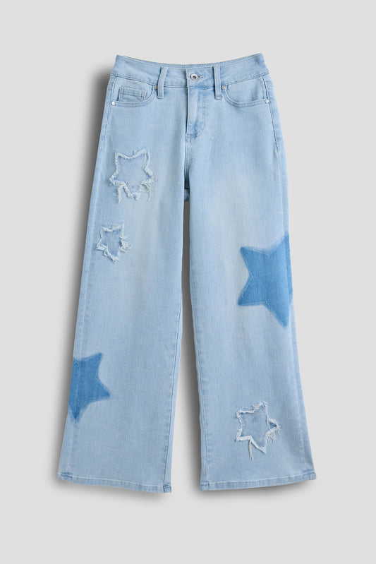 Girls Star Patchwork Wide Leg Jeans