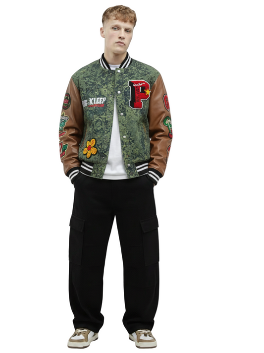 ROBIN Men's Jacquard Body with faux Leather Sleeve Varsity Jacket