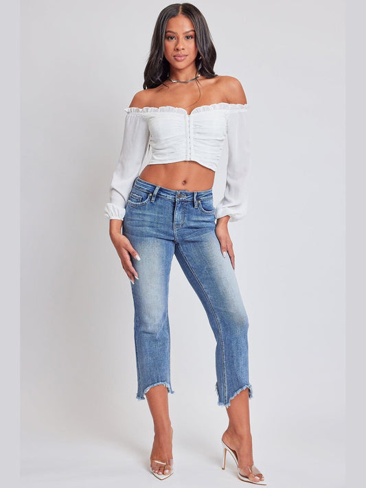 Women's Mid Rise Kick Flare Fray Hem Cropped Jeans