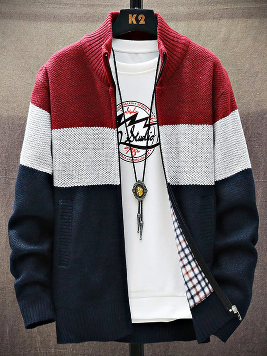 Men's Plus Size Color Block Zip Up Cardigan